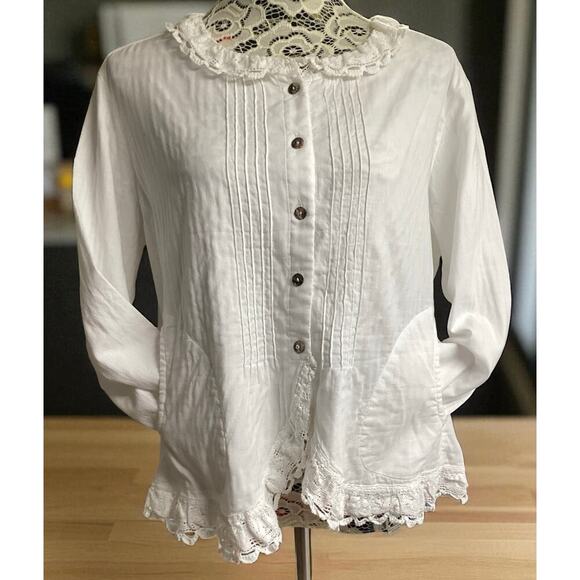 Kleen white lace-trimmed collar pin-tuck details on front tie Back XL white - Picture 1 of 7